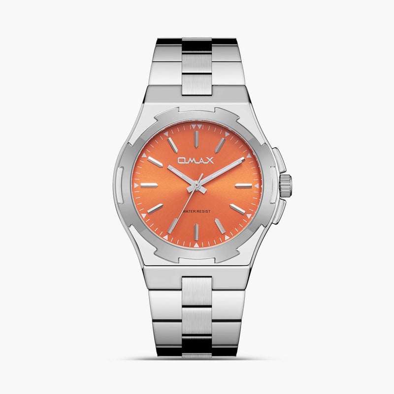 Omax Men's Silver Watch with Orange Dial - Image 1